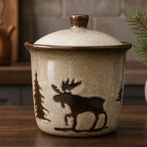 Home Studio Woodland Canister 7in Beige Brown Moose Bear Ceramic Jar